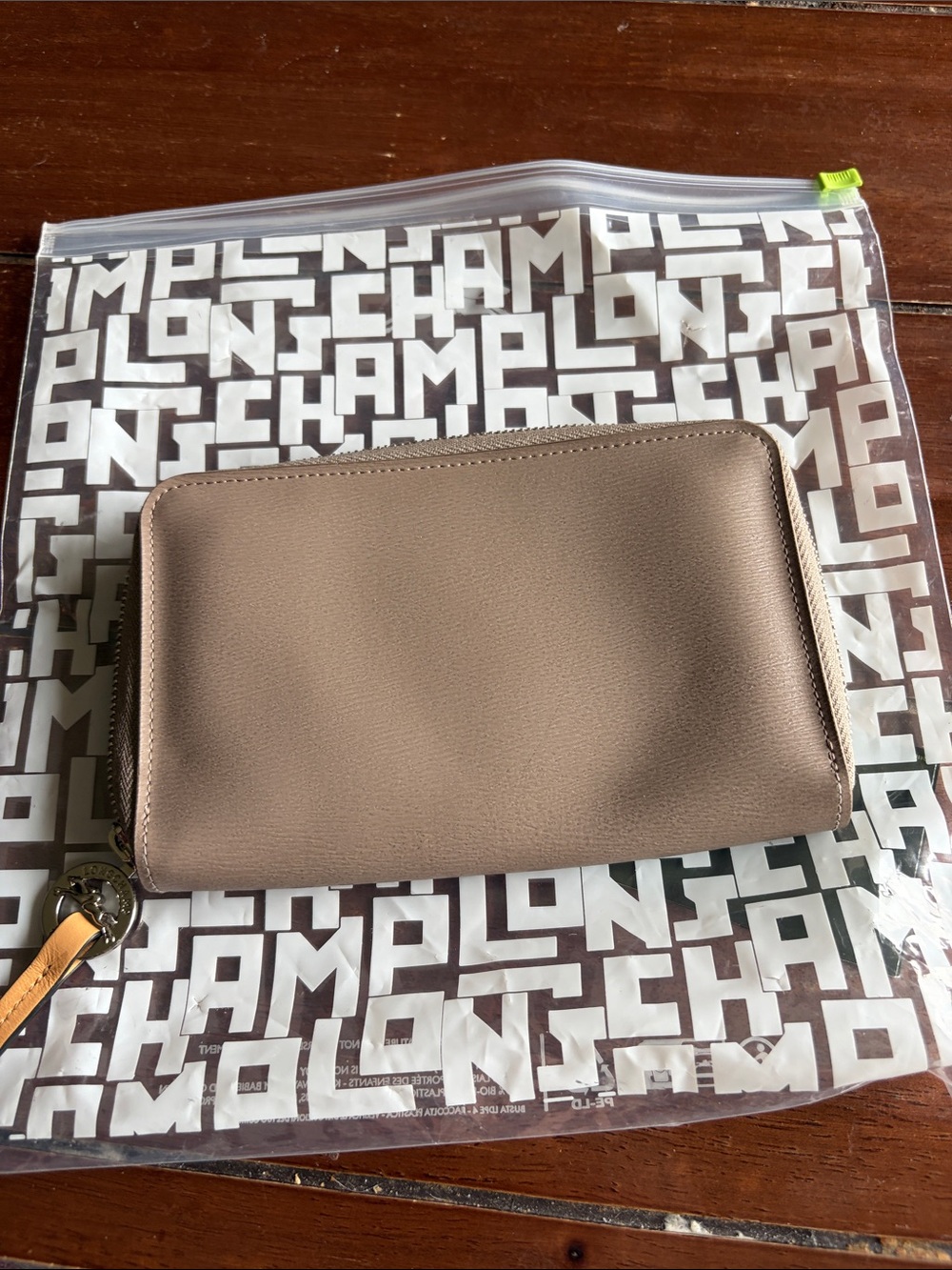 Longchamp Taupe Leather Zip Wallet with Tan Pull